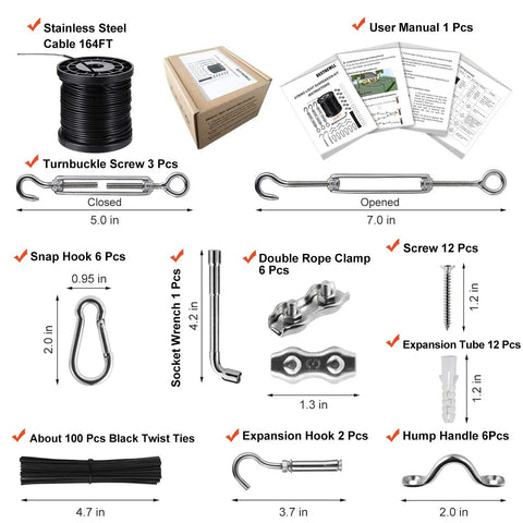 Components of All In One Outdoor Globe String Light Kit With 164 Ft Nylon Coated Stainless Steel Wire Rope