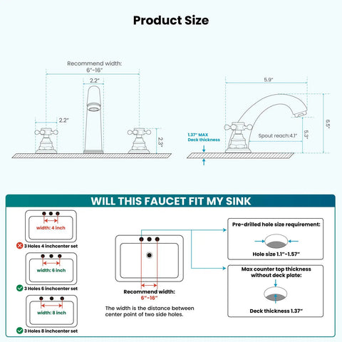 Product Size Chart for 8 Inch Widespread Bathroom Faucet Set With Two Cross Handles, Deck Mount, Polished Chrome Finish