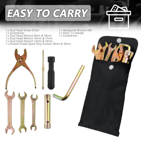 Ride Ready 8 Piece Motorcycle Tools Kit Set Portable Repair Gear With Screwdriver Spark Plug Socket Wrenches Pliers And Hex Keys