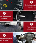 Four images showing various car dashboard warnings and exhaust, related to Engine Coolant Level Sensor Replacement For GM 3.8L V6 Engines.