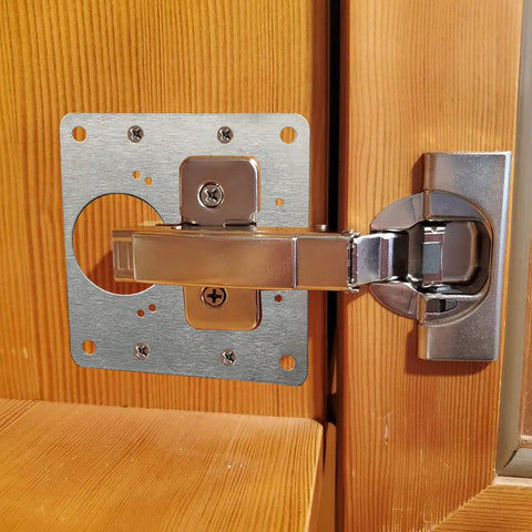 Four Pack Heavy Duty Stainless Steel Hinge Repair Plates With Matching Screws Fix Wobbly Cabinet Doors For Wood Furniture Shelves Quick Install No Sweat Built Tough Real Deal Quality installed on wood cabinet.