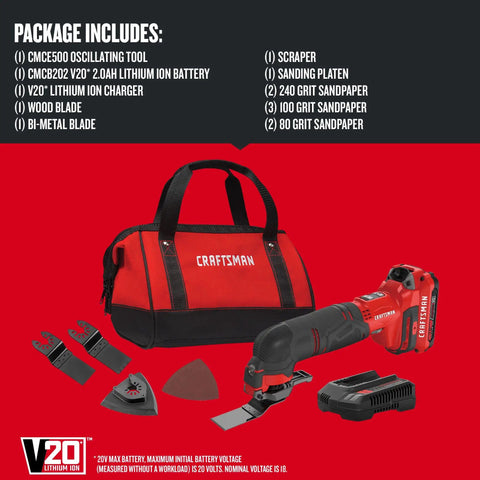 Powerful 20V Cordless Oscillating Tool Kit With 2.8 Degree Oscillation Angle, Variable Speed 8K-18K OPM, V20 Series, 14-Piece Set