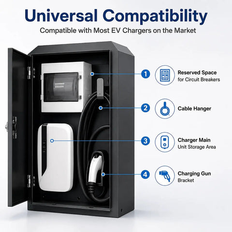 Built Like A Tank Outdoor EV Charger Enclosure with Sturdy Pedestal Stand, showing interior features for organization.