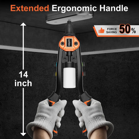 Heavy Duty 14 Inch Two-Handed Pop Rivet Gun Kit With 210 Rivets And Five Nosepieces for metal and automotive riveting shown in use