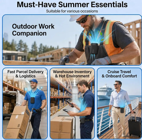 Workers using ultra strong 6600RPM portable waist fan with 4 speeds and 25 hour battery life for cooling in various settings