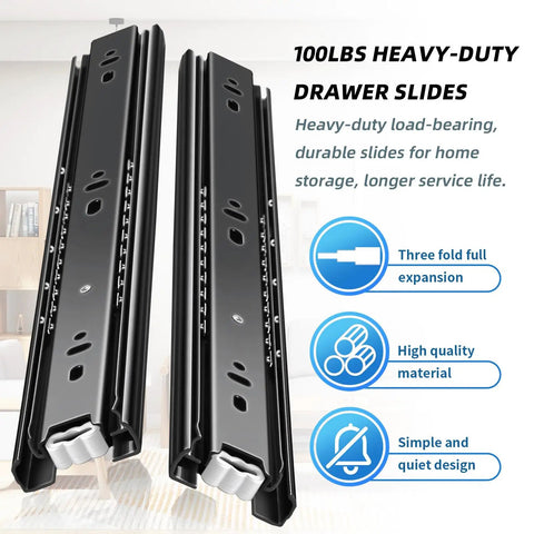 Beefy Full Extension Drawer Slides Set 10 12 14 16 18 20 22 24 Inch Side Mount Rails With Ball Bearing Tracks 100 LB Capacity