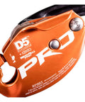 Close-up of Heavy Duty Two Man Rescue Descender, orange aluminum, designed for 1/2 inch rope, ideal for arborist work.