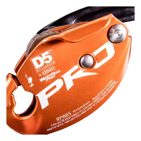 Close-up of Heavy Duty Two Man Rescue Descender, orange aluminum, designed for 1/2 inch rope, ideal for arborist work.