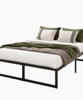 Sturdy Queen Bed Frame With 14 Inch Low Profile Platform Heavy Duty Steel Slat Support No Box Spring Headache For Memory Foam And Pillowtop Mattress Fast Easy Setup with decorative pillows.