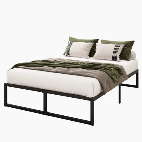 Sturdy Queen Bed Frame With 14 Inch Low Profile Platform Heavy Duty Steel Slat Support No Box Spring Headache For Memory Foam And Pillowtop Mattress Fast Easy Setup with decorative pillows.
