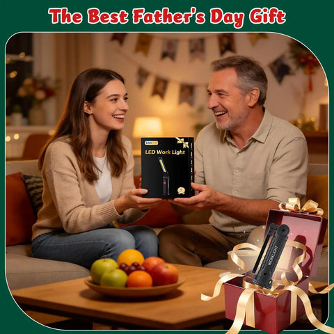 Man receiving a Rechargeable LED Magnetic Work Light With 360 Degree Rotation And 5 Modes as a Father's Day gift, smiling with daughter.