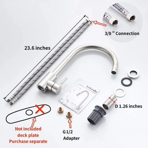 High Arc Commercial Kitchen Faucet Made Of Stainless Steel Brushed Nickel With Single Handle And 360 Degree Swivel For One Hole Bar Sink Modern Pro Grade Durable Design For Busy Kitchens, components shown.