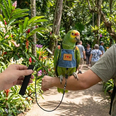 Parrot in denim Adjustable Bird Flight Suit Harness Escape Proof Design With Anti Bite Straps on arm in garden setting