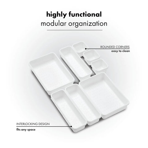 8 Piece Interlocking Bin Pack Drawer Organizer For Office, Kitchen, Tools And Bathroom Junk Drawer Essentials, Modular Storage System With Configurable Bins In White