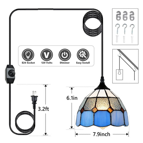 Plug In Tiffany Style Pendant Light With 16.4 Ft Cord, Dimmable Rotary Dimmer, Vintage Swag Ceiling Lamp, 7.9 Inch Shade