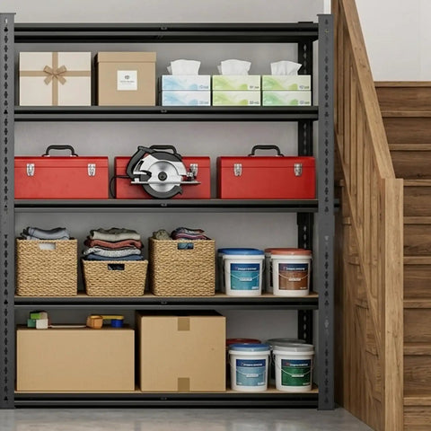 Beefy 5 Tier Garage Shelving System With Adjustable Spacing And 2000 Lbs Total Capacity 500 Lbs Per Shelf 72 Inch High 36 Inch Wide 16 Inch Deep Heavy Duty Storage For Tools Boxes And Gear, loaded with bins