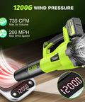 Cordless Leaf Blower With 1200W Brushless Motor, Dual 5.0Ah Batteries And 2 Hour Fast Charger displayed with wind speed details.