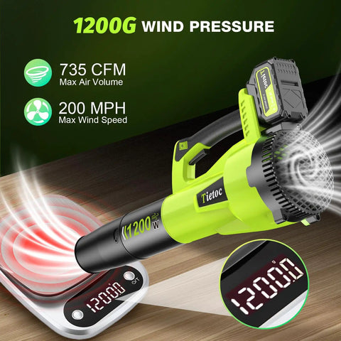 Cordless Leaf Blower With 1200W Brushless Motor, Dual 5.0Ah Batteries And 2 Hour Fast Charger displayed with wind speed details.