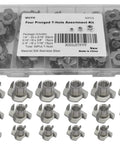 Premium Heavy Duty Stainless Steel Tee Nuts With Badass Four Prong Grip For Cabinetry Furniture And Rock Climbing Projects Featuring No Sweat Assembly In 1/4 5/16 And 3/8 Inch Sizes in a kit with assorted sizes.