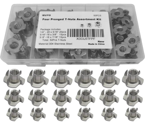 Premium Heavy Duty Stainless Steel Tee Nuts With Badass Four Prong Grip For Cabinetry Furniture And Rock Climbing Projects Featuring No Sweat Assembly In 1/4 5/16 And 3/8 Inch Sizes in a kit with assorted sizes.