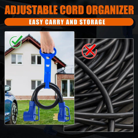 Adjustable cord organizer for Heavy Duty 50 Amp Rv Ev Extension Cord Nema 14 50P To 14 50R 3Ft Power Cable in hand.