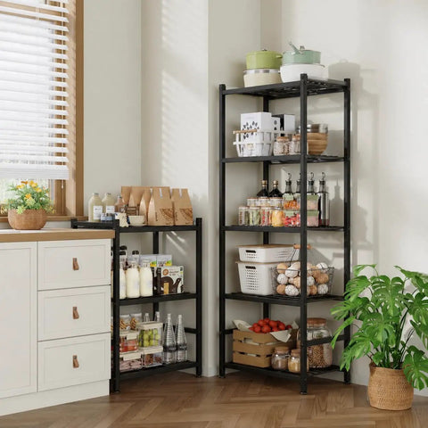 Space Saving 5 Tier Metal Shelving Unit With Self Leveling Feet Hella Sturdy Wire Rack Organizer For Garage Kitchen Pantry Closet Black with groceries.
