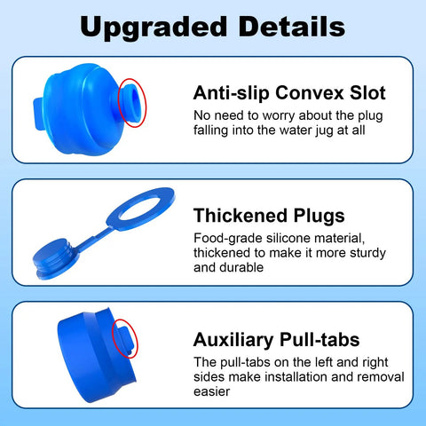 3 Pack Reusable Food Grade Silicone Water Jug Cap For 3 And 5 Gallon Jugs With 55mm Mouth Standard Screw Crown Tops Leak Free Non Spill Cap For Water Bottles And Water Dispensers illustrating anti-slip, thickened plugs, auxiliary pull-tabs features