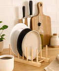 Eight Pack Bamboo Wooden Plate Rack Six Slots Kitchen Dish Drying Organizer For Pots Lids Cutting Boards Cups, displaying plates neatly.