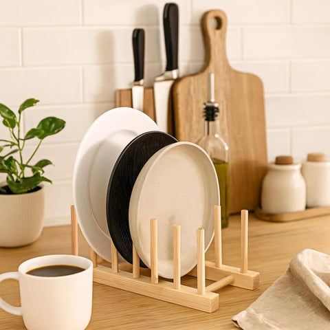 Eight Pack Bamboo Wooden Plate Rack Six Slots Kitchen Dish Drying Organizer For Pots Lids Cutting Boards Cups, displaying plates neatly.
