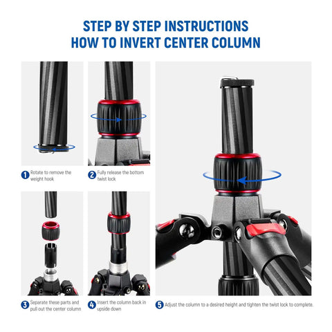 Step by step instructions on inverting center column of Top Tier Carbon Fiber Camera Tripod And Monopod Travel Stand.