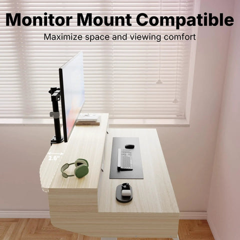 32 By 20 Inch Electric Standing Desk With Four Drawers, adjustable height with C-clamp mount and mouse, keyboard setup.