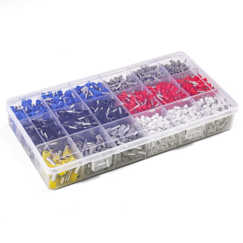 Insulated Copper Wire Ferrules Kit With Crimp Connectors And Cord End Terminals Crimp Pins 2100 Pieces For AWG 22 0.4mm2 Up To AWG 10 6.0mm2 Electrical Terminal Kit All In One For Auto Electronics displayed in a storage box