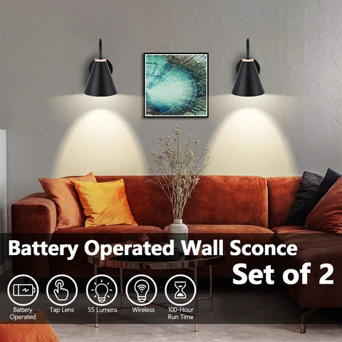 Remote Controlled No Wiring Battery Operated Wall Sconce Set Of Two With Dimmable LED Bulbs Black Faux Wood Industrial Farmhouse Indoor Lighting For Bedroom Living Room And Gallery