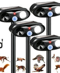4 Pack Solar Ultrasonic Critter Repellent For Cats Raccoons Squirrels Rabbits And Foxes Outdoor Deterrent With Motion Sensor Waterproof Flashing Light, four black units with stakes
