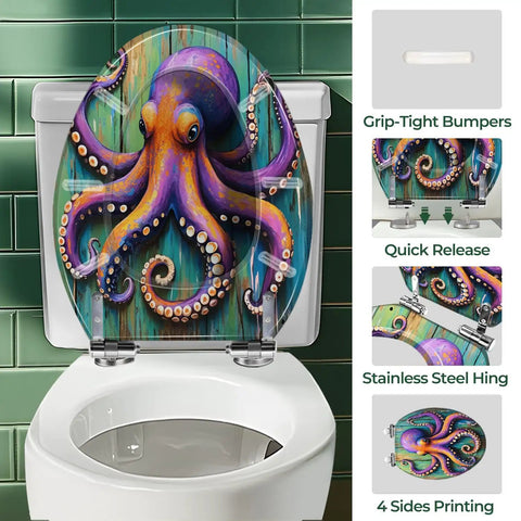 Octopus Toilet Seat Elongated Resin for Coastal Bathroom with colorful design, grip-tight bumpers, and stainless steel hinges.