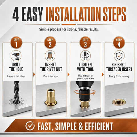 Installation steps for Professional Carbon Steel Rivet Nut Tool Kit, showing drilling, inserting, tightening, and finishing.