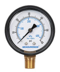 Close-up of Beefy 2 Inch Pool Pressure Gauge With 1 Quarter NPT Lower Mount, 0 To 60 Psi And 0 To 400 KPa, Plastic Case With Brass Wetted Parts