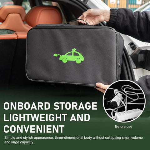 Heavy Duty Waterproof Oxford EV Charger Bag Stores All Your Cables And Guns Securely Includes A Comfy Grip Handle Universal Fit Keeps Your Rig Slick And Zero Sweat in hand near car interior.