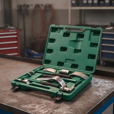Sheet Metal Repair Tool Kit With Ergonomic Grips For Auto Body Dent Removal And Panel Beating Portable Hand Tools For Hobbyists And Pros Alike Durable Non Slip Hammer Set For Dings And Creases, green case open