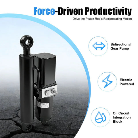 Black electric hydraulic actuator with motor block and top eye joint mounted on bracket