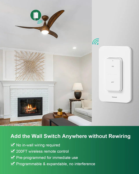 Wireless Light Switch And Receiver Kit With 200ft RF Range Remote Control For Ceiling Lights Fans And Lamps No Rewiring Needed