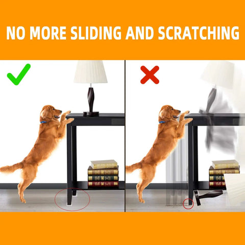 Comparison of dog standing against table with and without Non Slip Furniture Pads For Hardwood Floors Or Rugs, Heavy Duty Grip Leg Protectors