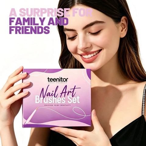 Woman holding a purple Nail Art Brushes Set box, smiling, close-up view