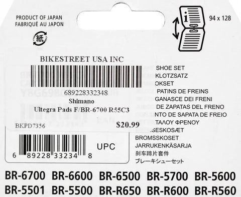Back packaging of Shimano Ultegra Road Caliper Pad Set With Stiff Light Alloy Holder And Replaceable Pads For Smooth Quick Braking