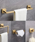 Brushed Gold 4 Piece Bathroom Hardware Set Built From Stainless Steel SUS304 Wall Mounted Includes 16 Inch Towel Bar Toilet Paper Holder Towel Ring Durable Rustproof Bath Accessories for a Dope Modern Look displayed on wall with white towel and tissue