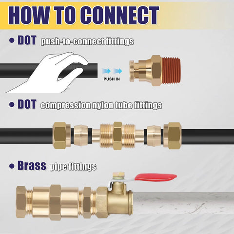 Front view of brass DOT push-to-connect and nylon tube fittings kit for air brake lines, sizes 1/4, 1/8, 3/8, 1/2 in