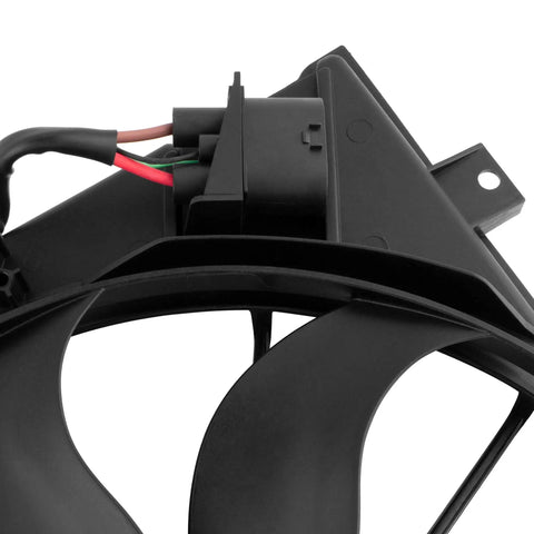 Close-up of Heavy Duty Engine Radiator Dual Cooling Fan Assembly For Volkswagen Beetle Golf Jetta Passat Rabbit 2005 To 2013 with wiring.
