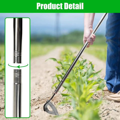 All Steel Hardened Hollow Hoe Workhorse With 55 Inch Adjustable Handle For Heavy Duty Weeding Scuffle Hula Hoe in use in a field