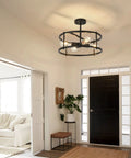 Black Semi Flush Mount Ceiling Light With Four Lights For Dining Room Kitchen And Bedroom Dope Vintage Farmhouse Industrial Close To Ceiling Chandelier For Sloped Ceilings Durable Metal Fixture installed in modern entryway