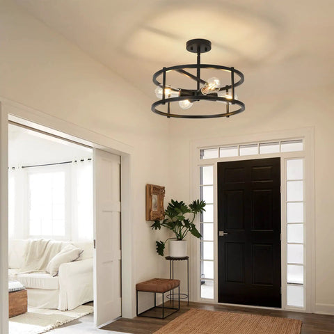 Black Semi Flush Mount Ceiling Light With Four Lights For Dining Room Kitchen And Bedroom Dope Vintage Farmhouse Industrial Close To Ceiling Chandelier For Sloped Ceilings Durable Metal Fixture installed in modern entryway